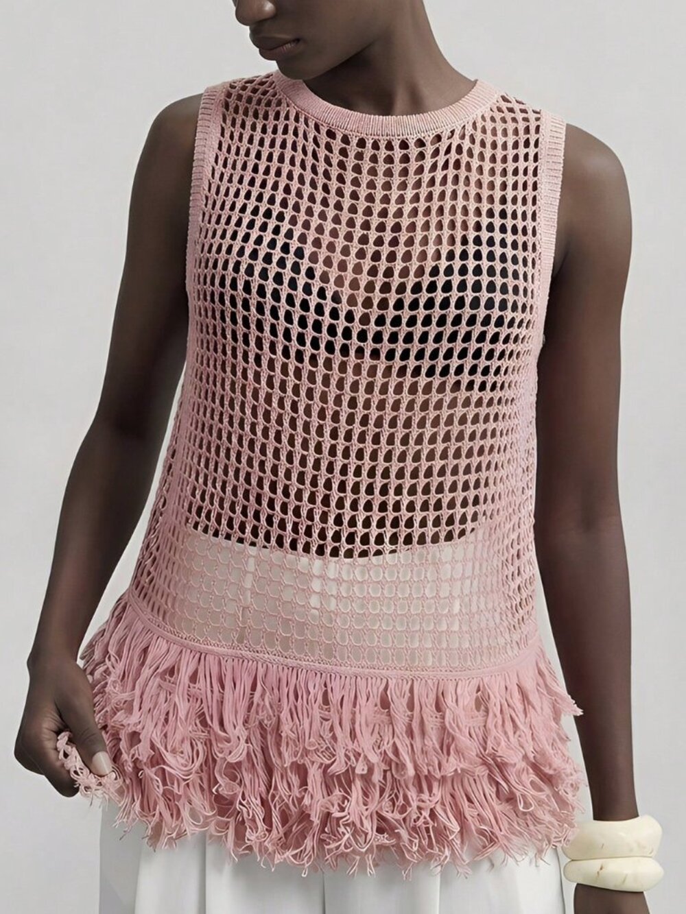 Pink Bohemian Women's Festival Look with Fringe Hem Knit Top & - Picture 3 of 6